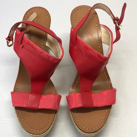 Coach Shoes - Coach Mendez Women's Red Melon Leather Cork Wedges